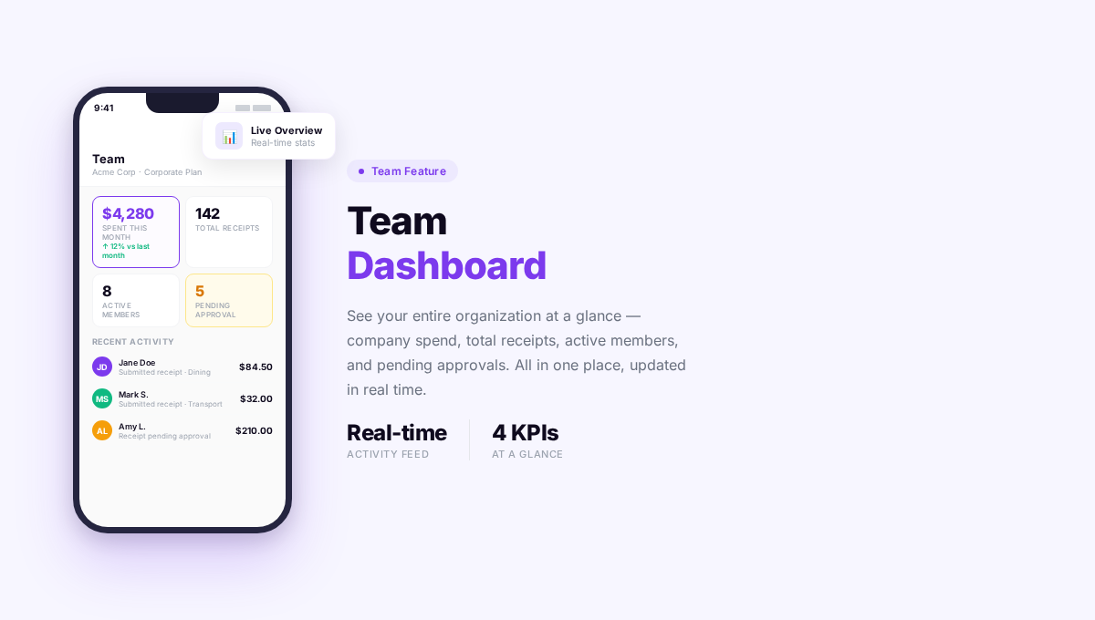 Team dashboard showing company spend, total receipts, and member activity