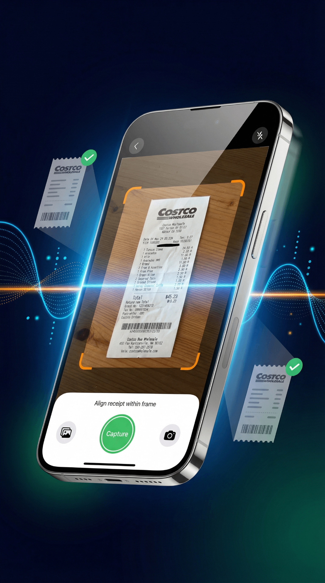 ReceiptSync scanning interface showing camera view capturing a receipt