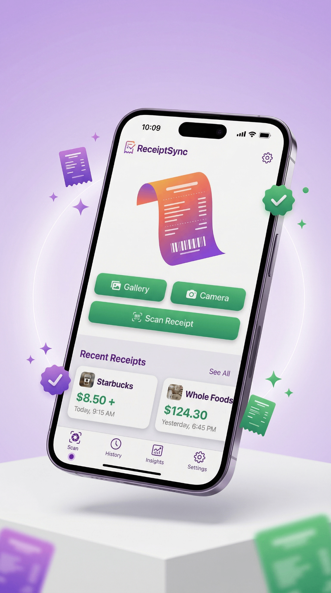 ReceiptSync home screen displaying organized receipt list